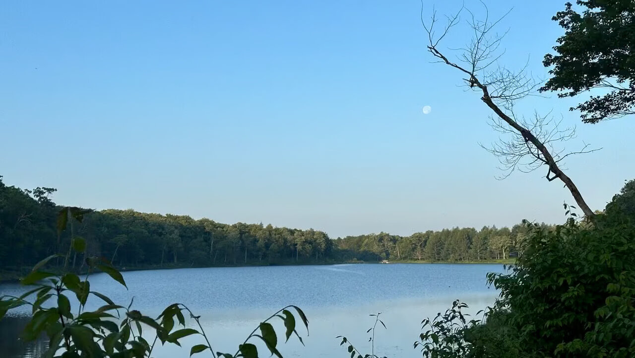 spring kessei close 2026 Foliage in the foreground softens an image of a lake as blue as the sky above